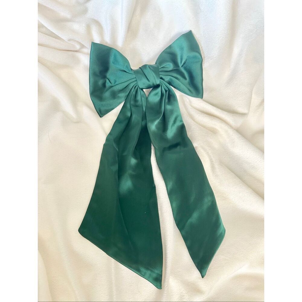 Elegant green satin holiday bow - with Barrett clip close - great for thick hair